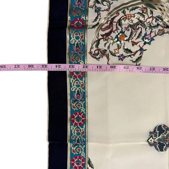Vintage Piramit Silk Floral Scarf 33x33 Metallic Gold Classic Rolled Hem - Picture 7 of 7